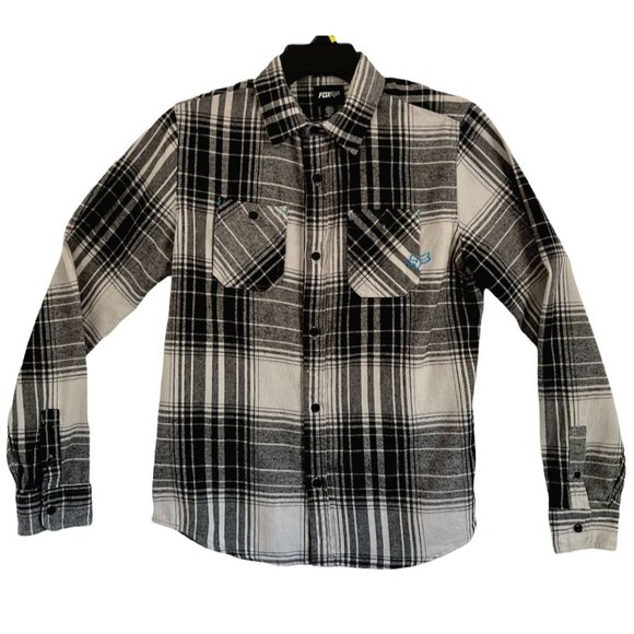 Fox Other - FOX KIDS BOY’S BUTTON-DOWN FLANNEL SHIRT BLACK/GREY PLAID LARGE